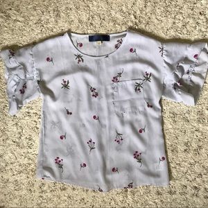 Pinstripe Flower Bell Ruffle Sleeve Blouse